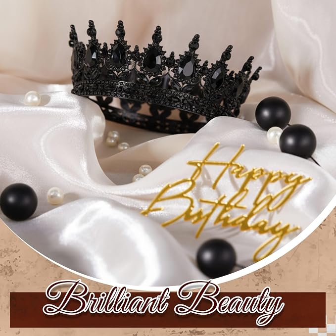8 Pcs Black Queen Crown Cake Topper for Women, Happy Birthday Cake Toppers Foam Balls Rhinestone Crystal Tiara Wedding Decoration for Princess Party Photo Props