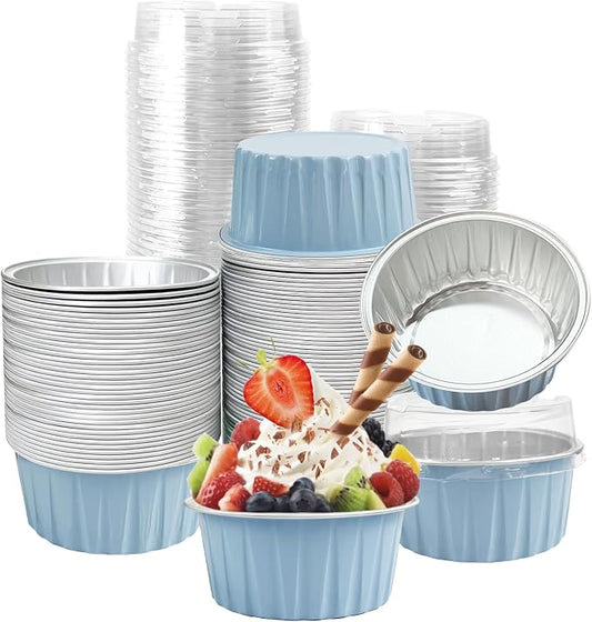 100Pcs Aluminum Cups with Lids,5oz Disposable Ramekin Baking Cups Muffin Liners Mini Pie Pans Foil Cupcake Containers for Christmas Party Wedding Party,Sky Blue