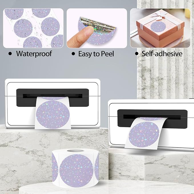 2''Holographic Thermal Label,Round Self-Adhesive Direct Thermal Label,Thermal Stickers for DIY Logo Design,Name Tag (300/Roll Purple Starry Sky