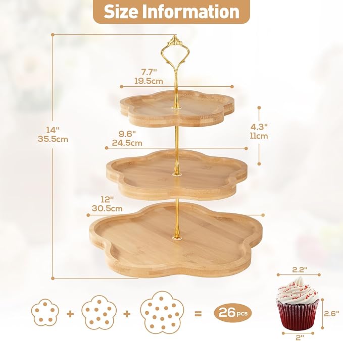 DUJUST Elegant 3-Tier Wooden Cupcake Stand with Flower-Shaped Design, Rustic Bamboo Tiered Serving Tray for Cupcake, Desserts, Tea Party, Wedding, Farmhouse & Kitchen Decor, Easy to Install & Clean