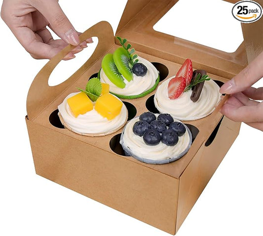 25 Kraft Cupcake Boxes, 4 Count Cupcake Containers with Window and Inserts, 6.3×6.3×3 Inches Cupcake Holders for Cupcakes, Muffins, Cookies, Desserts, Pastries