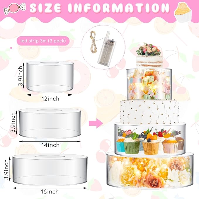 Sintuff 3 Pcs Acrylic Cake Stand with LED Lights 12‘’, 14‘’, 16‘’ Clear Fillable Cake Riser Round 3 Tier Case Box for Wedding Birthday Holiday Party Food Display, 3 Sizes