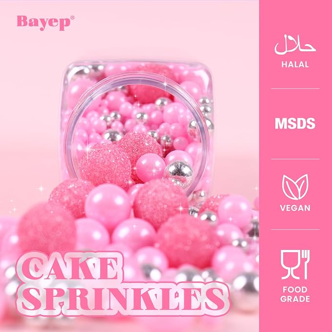 Pink Sprinkles for Cake Decorating 4.23ounce - Sparkle Pearl Sprinkles for Cupcake Toppers, Ice Cream, Candy, Cookie Decorations - Silver Sprinkles for Princess Bridal Shower Wedding Party