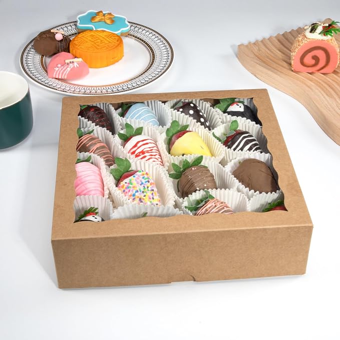12PCS 9x9x2.5 Inches Brown Bakery Boxes with Window, Pastry Box for Chocolate Strawberries, Macarons, Truffles, Perfect for Thanksgiving Day, Mother's Day, Christmas Party Favors & Holiday