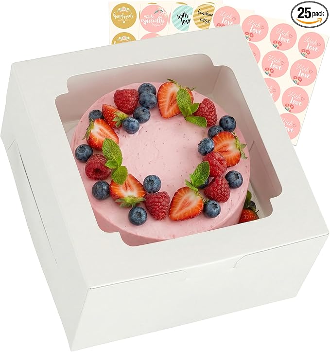 25pcs Cake Boxes 10x10x5 Inch with Window, 10 Inch White Bakery Boxes, Square Cardboard Large Pie Box, Package for Cookies, Donut, Birthday Party, Dessert, Wedding, Pastry Packaging (80 Pcs Stickers)