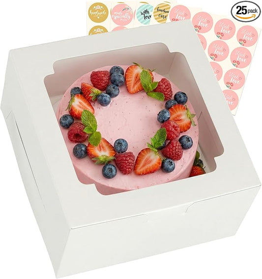 25pcs Cake Boxes 10x10x5 Inch with Window, 10 Inch White Bakery Boxes, Square Cardboard Large Pie Box, Package for Cookies, Donut, Birthday Party, Dessert, Wedding, Pastry Packaging (80 Pcs Stickers)