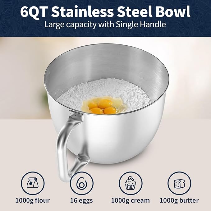 Stand Mixer, 6 QT 600W Tilt-Head Dough Mixer, 6+P speed Mixers Kitchen Electric Stand Mixer with Stainless Steel Bowl, Dishwasher-Safe Dough Hook, Flat Beater, Wire Whisk, Splash Guard, Grey
