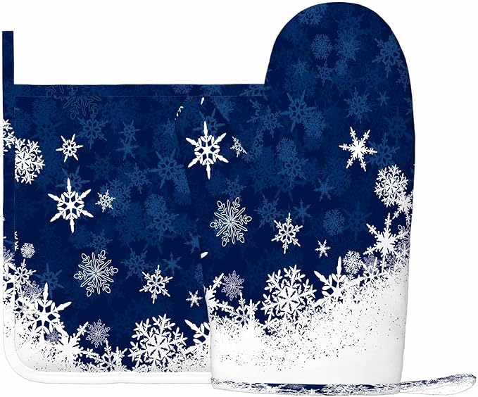Mxocom Merry Christmas Snowflake Silicone Oven Mitts and Pot Holders Sets Winter Blue Frosty Snow Christmas BBQ Gloves for Kitchen,Cooking,Baking,Grilling