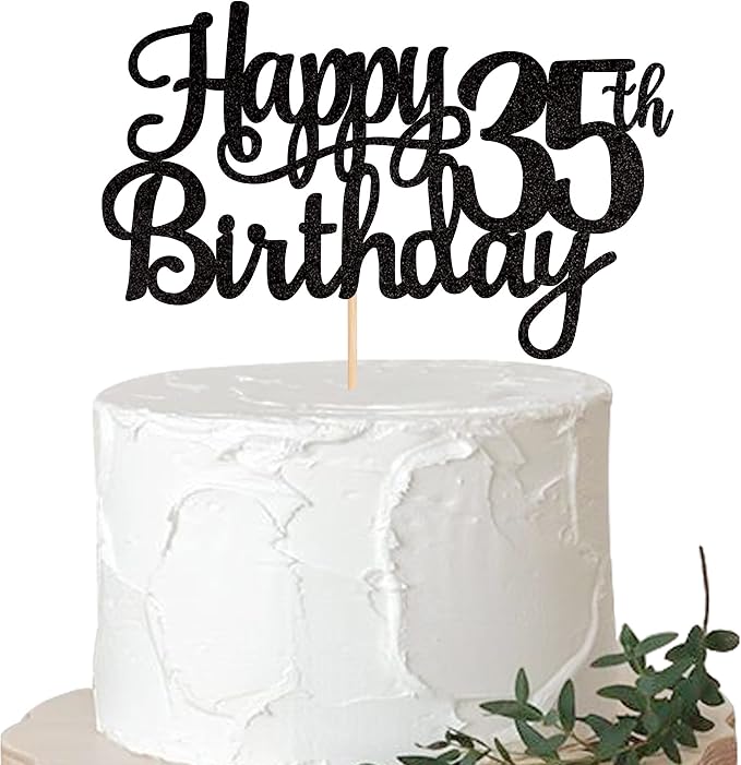 1 PCS Happy 35th Birthday Cake Topper Glitter Cheers to 35 Years Birthday Cake Pick 35 Fabulous Cake Decoration for Happy 35th Birthday Theme Party Decorations Supplies Black