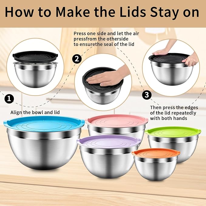 Mixing Bowls with Airtight Lids Set, 5 PCS Stainless Steel Colorful Nesting Bowls for Kitchen, Large Prep Metal Mixing Bowls for Kitchen, 5.5/4/3.5/2/1.5 QT for Mixing & Serving