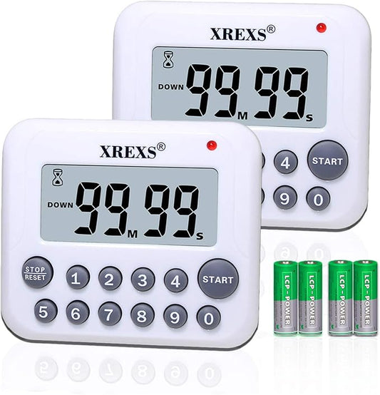 XREXS Digital Kitchen Timer Magnetic Countdown Up Cooking Timer Clock with Magnet Back and Clip, Loud Alarm, Large Display Minutes and Seconds Directly Input-White (2 Pcs, Battery Included) PS-367