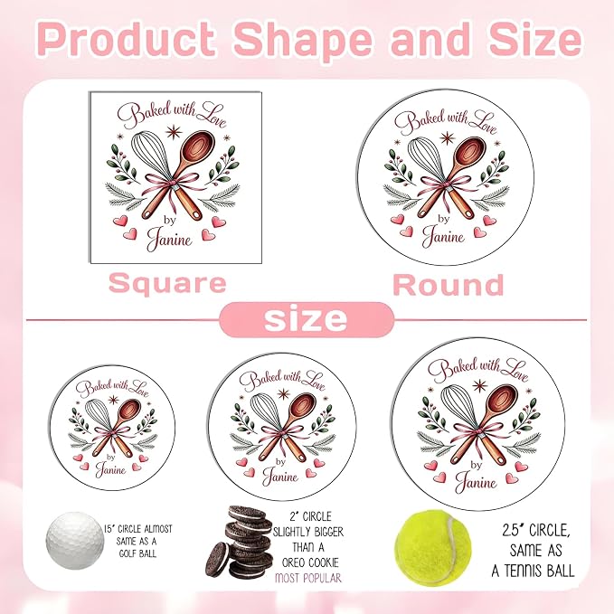 120-1000 Pack Custom Baked with Love Stickers,Personalized Baking Labels for Branding,Packaging,Gift Tags, 1.5 2 2.5 Inch Bakery Labels, Roll or Sheet Format (Round)