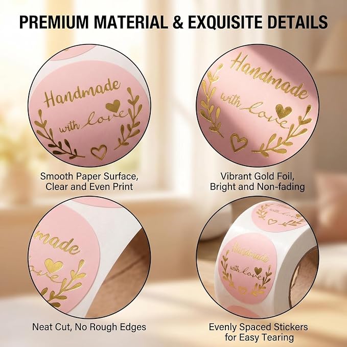 500Pcs Homemade with Love Stickers 1.5 inch Round Pink Adhesive Labels for Baking Packaging Envelope Seals Small Business Gift Wrap Handmade Crafts