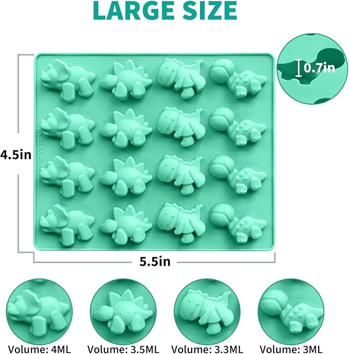 Zorazio Large Dinosaur Gummy Molds Dinosaur Candy Molds Silicone 16-Cavity for Candy Chocolate Jelly Ice Cube (4-Pack+2 Droppers)