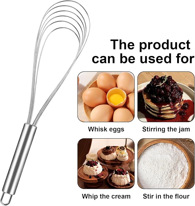 Flat Whisk Stainless Steel Flat Whisk for Cooking Kitchen Flat Wire Whisk Set Egg Mixing Whisks for Cooking, Blending, Whisking, Beating and Stirring, (3Pack, 8 Inch, 10 Inch, 12 Inch)