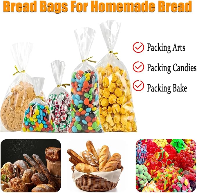 Reusable Bread Bags for Homemade Bread & Sandwich Bread ， 200 Pack Clear Plastic Storage Bags with Ties, Airtight Food Safe Design for Home Bakers and Bakeries（11"x4"x18"）