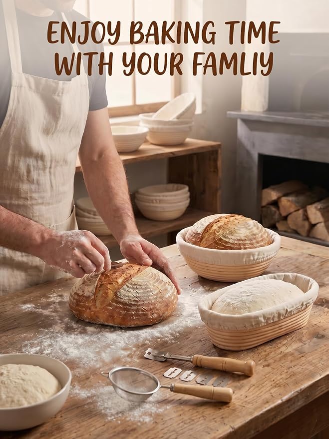 Banneton Sourdough Bread Proofing Basket Handmade 9 in Round&10 in Oval Set | 9PCS Natural Rattan Sourdough Proofing Basket, Baking Bowls with Liners&Scoring Lame&Mesh Strainer, Baking Fermentation Tools