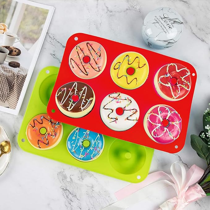 2er Pack Silicone Donut Mold - Non-Stick Silicone Doughnut Pan DIY Chocolate Baking Cookie Molds, Heat Resistant, Make Donut Cake Biscuit Bagels, BPA Free Dishwasher Safe (red, 6 Cavities)