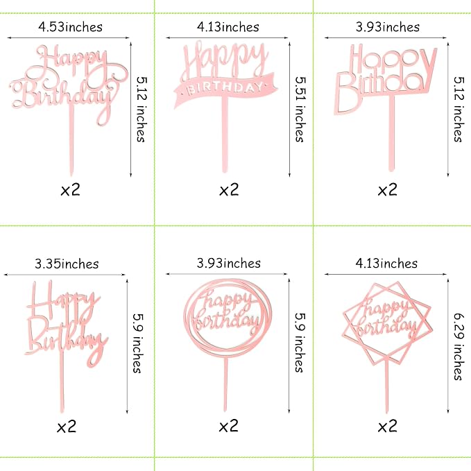 12 Pack Multi Styles Birthday Cake Topper Set, Acrylic Cake Bunting Decor Birthday Cake Picks Party Decorations Supplies(Pink)