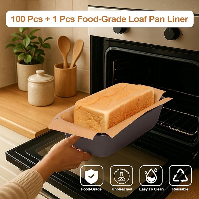 Unbleached Parchment Paper Loaf Pan Liner - Precut 9''x5'' Non-Stick, Fits 8.5''x4.5''/10''x5'' Loaf Pans, Heat-Resistant 430°F, Food-Safe for Bread Baking (100 Pcs & 1 Silicone Liner)