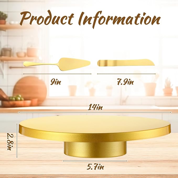 Wenqik 14 Inch Metal Gold Cake Stand with Cake Knife and Spatula, Round Dessert Table Display Stand Metal Dessert Tray Serving Platter for Party, Wedding, Birthday, Baby Shower, Anniversary