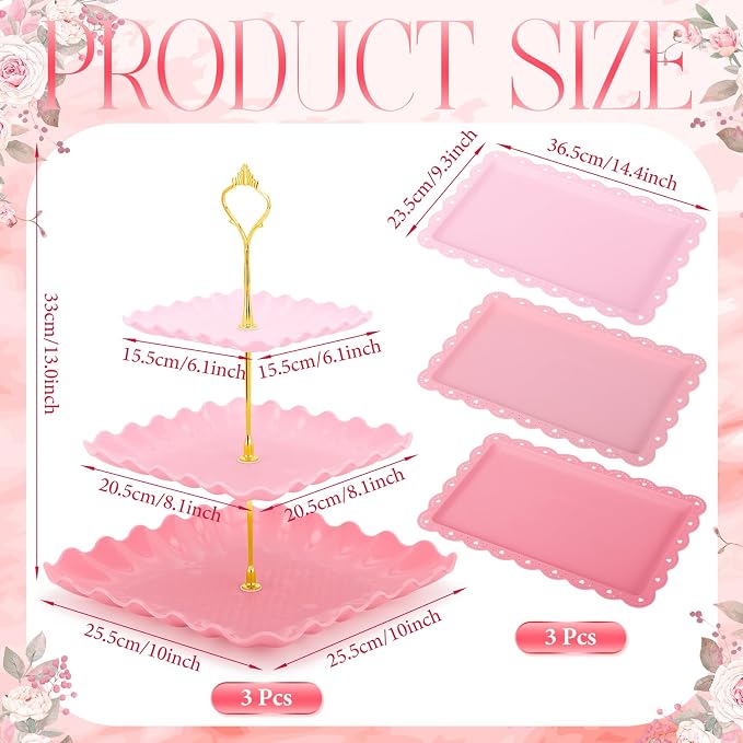 FoldTier 6 Pack Cupcake Stand Set 3 Pcs 3 Tier Gradient Dessert Table Display Stands Cookie Tray Rack 3 X14 in Rectangle Party Trays for Wedding Birthday Tea Party Baby Shower(Pink,Rectangle)