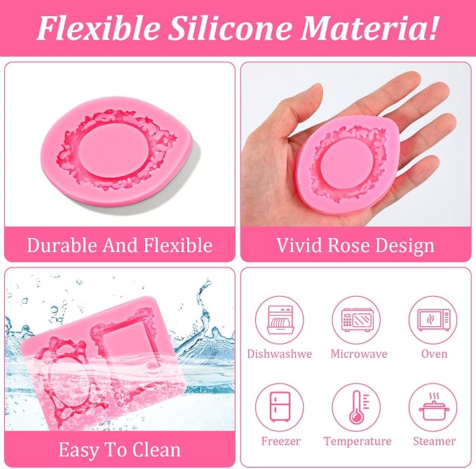 3 Pcs Photo Frame Silicone Molds, Vintage Picture Frame Fondant Molds Mini Baroque Style Air Dry Clay Resin Mold for Baking Chocolate Cupcake Topper Candy Donut Cake Decoration Craft Making