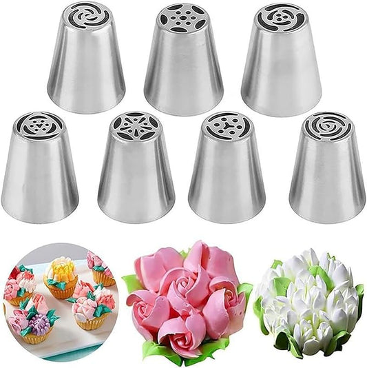 Stainless Steel Russian Piping Tips Set, Extra Large Flower Icing Nozzles, Cupcake Frosting Supplies with Leaf Tips, Couplers, Disposable Pastry Bags, Reusable Piping Bag (Silver,7 PCS)