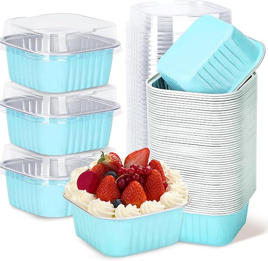 100Pack 5oz Blue Mini Cake Pans with Lids Baking Cups Aluminum Foil Pans Tins, Individual Dessert Cups Containers for Sales,Party,Picnics