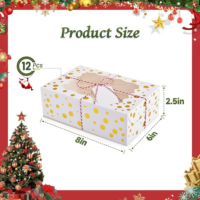 12Pcs Christmas Cookie Boxes with Window, 8"x6"x2.5" White Bakery Boxes for Cookie, Treat Boxes Pastry Boxes for Gift Giving, Chocolate Covered Strawberries, Dessert, Donut, Cupcakes Muffins