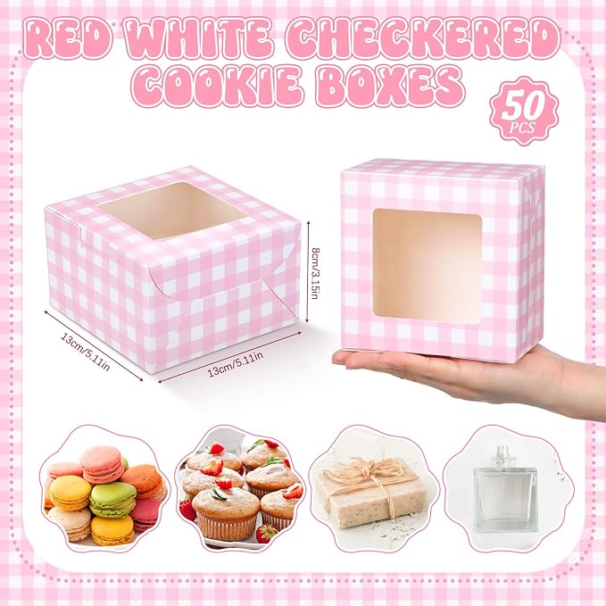 50 Pack Pink Gingham Cookie Box with Window, Small Plaid Bakery Boxes for Pastry Donuts Macaroon Cupcakes, Gingham Party Supplies Wedding Bridal Shower Sweet 16 Party Favors