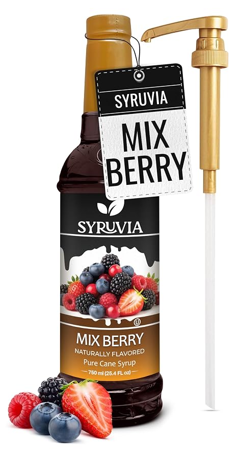 Syruvia Mix Berry Syrup, Naturally Flavored Syrup for Drinks, Lemonades, Iced Teas, and Desserts – 25.4 fl oz - with Pump