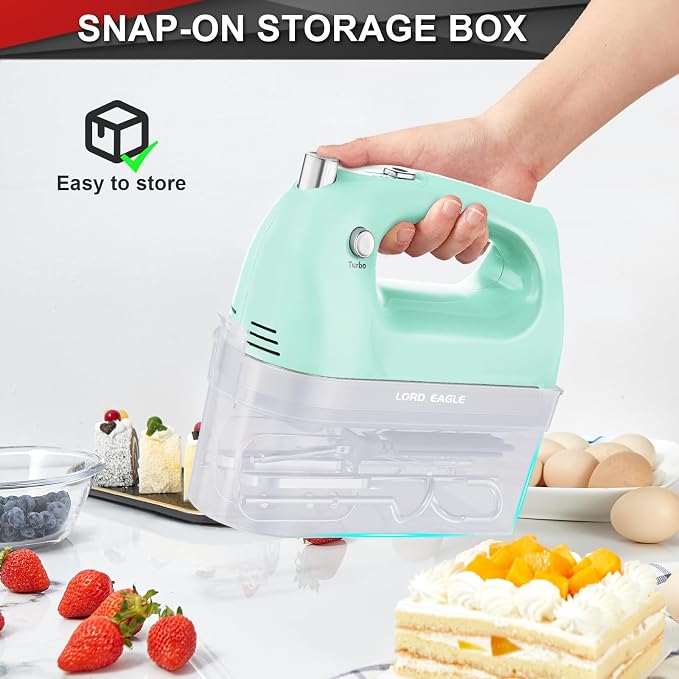 Lord Eagle Hand Mixer Electric Handheld 400W, 5-Speed Lightweight Kitchen Mixer with Storage Case, 5 Stainless Steel Attachments for Baking Cake Egg Cream Food Beater, Turbo+Eject Button, Green