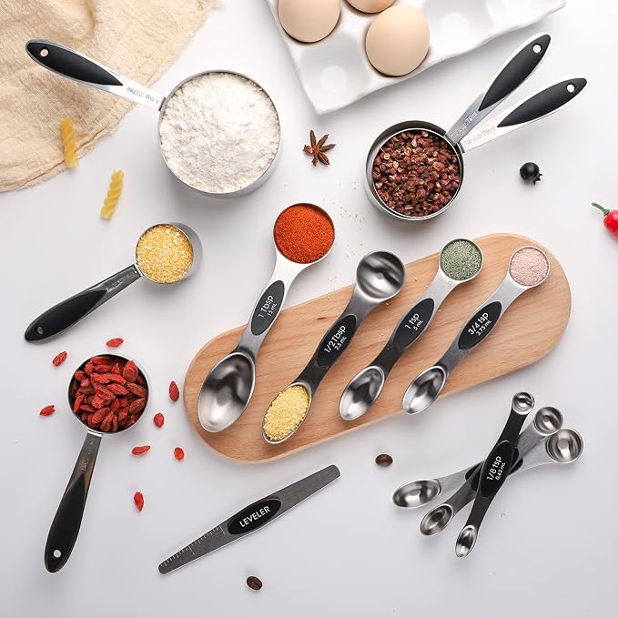 Measuring Cups and Spoons Set Includes 5 Stainless Steel Measuring Cups 7 Magnetic Measuring Spoons and 1 Leveler for Dry or Liquid Ingredients (Black)