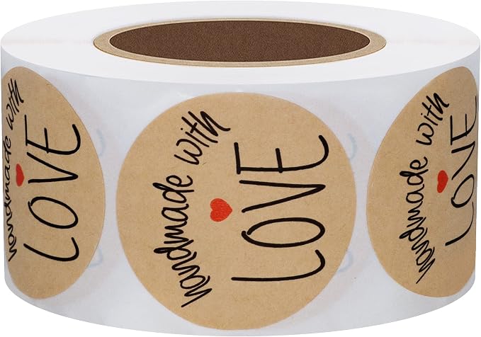 Hybsk 500pcs 1.5 Inch Kraft Handmade with Love Stickers with Red Heart for Small Business Baked Packaging (Type 1)