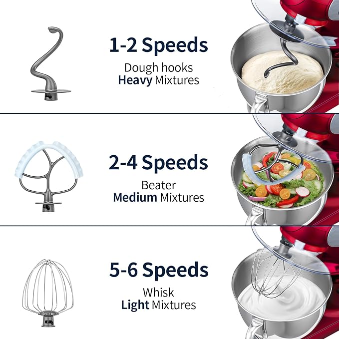 Stand Mixer, 6 QT 600W Tilt-Head Dough Mixer, 6+P speed Mixers Kitchen Electric Stand Mixer with Stainless Steel Bowl, Dishwasher-Safe Dough Hook, Flat Beater, Wire Whisk, Splash Guard, Red
