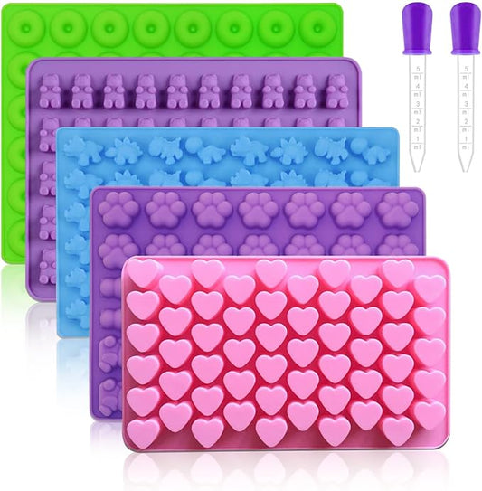 Silicone Gummy Molds Set of 5, Candy Molds with 2 Droppers for Convenient Filling, Chocolate Molds Set Includes Dinosaur, Bear, Donut, Heart and Cat Shapes