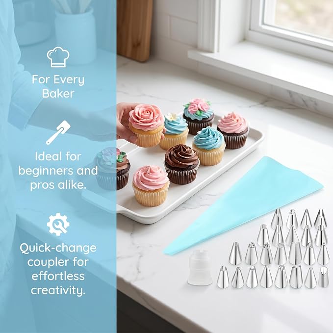 26PCS Cake Decorating Kit, Stainless Steel Piping Tips Set with Reusable Pastry Bag & Coupler, Icing Tips for Cupcake, Baking, DIY Dessert Decorating Tools (Bag Included)
