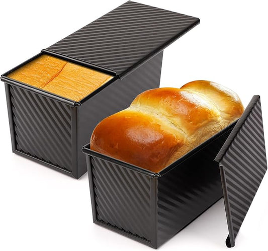 Beasea Pullman Loaf Pan with Lid, 2 Pack 1 lb Non-Stick Black Sandwich Bread Loaf Pans for Homemade Bread Carbon Steel Toast Box with Cover for Bakeware Toast Mold Oven Baking