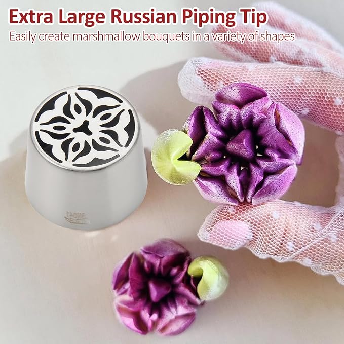 Extra Large Russian Piping Tip Set - 10 Stainless Steel Marshmallow Buttercream Framing Nozzles for Roses Tulip Cake Decorations and Bouquets, Includes 1 Leaf Nozzles and 1 Cleaning Brush(10A)