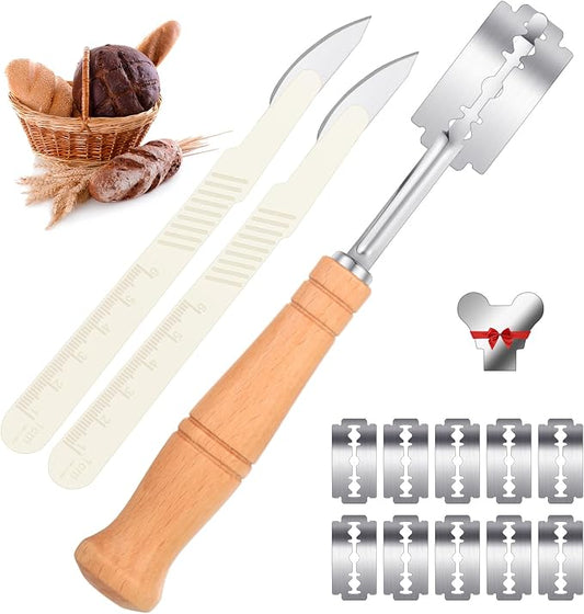 Mudder Bread Lame Scoring Tool with 10 Pieces Replaceable Blades and 2 Pcs Dough Scoring Knife Bread Scorer Set with Protective Cover for French Baguettes Sourdough Making tool