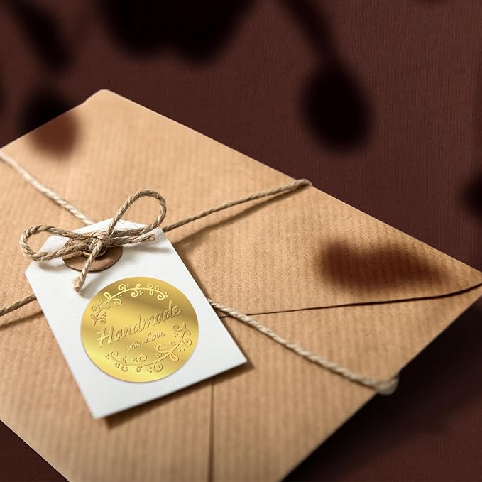 100Pcs Embossed Favor Stickers Labels, Gold Foil Tags Envelope Seals, Wedding Invitation Decor Foil Party Favor Stickers for Sealing Awards Embossing Certificates 1.5 Inch, Handmade with Love