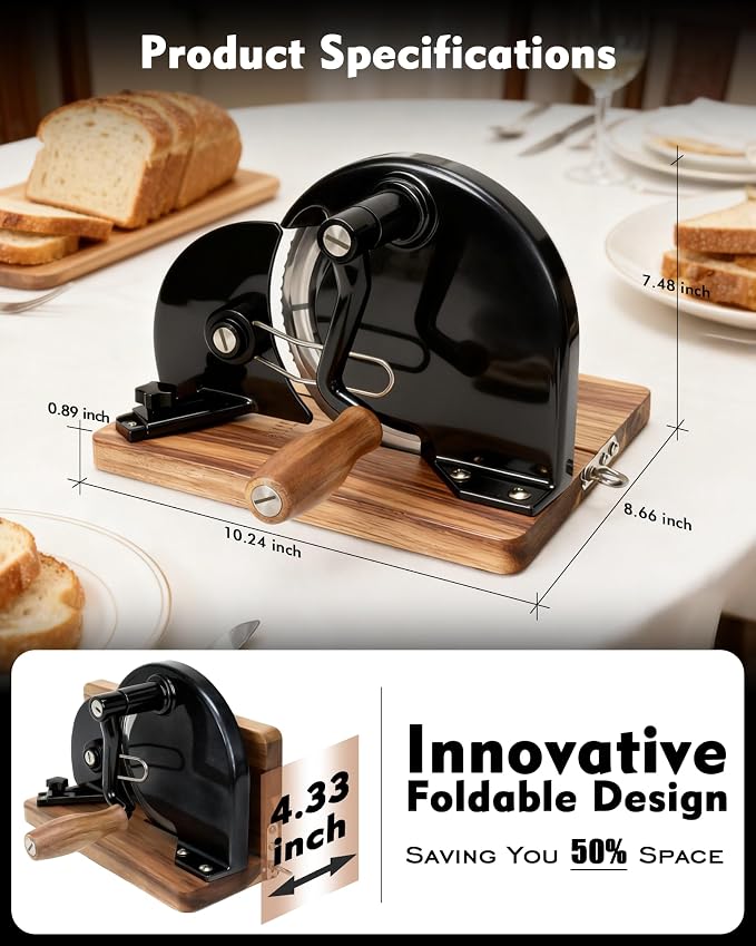 Foldable Manual Bread Slicer, Adjustable Slice, Hand-Cranked Bread Slicer with Ergonomic Handle, Hand Crank Cutter, Durable Aluminum Alloy Body And Sturdy Solid Wood Base-Black