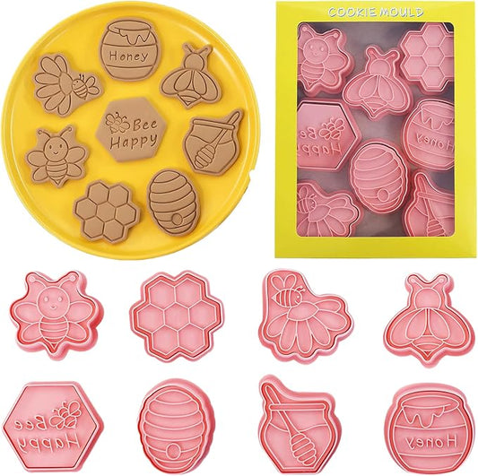 8 Pcs 3D Bee Cookie Cutters With Plunger Stamps Set Mini Honey Honeycomb Plastic Embossing Cutters for DTY Biscuit Snacks Baking Birthday Party Supplies Cheese Fondant Pastries Apple Pie