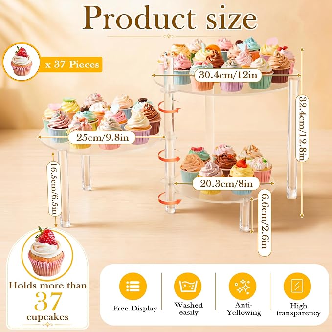 Mifoci 3 Tier Rotating Cupcake Stand, 360° Acrylic Dessert Display Stand, Clear Round Tiered Cake Holder Serving Tray for Birthday, Wedding, Baby Shower, Tea Party