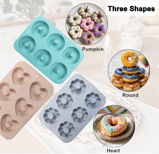 Non-Stick Doughnut Pan Set of 3 - Flexible Silica gel Baking Molds for Perfect Donuts, Cakes & Bagels, Dishwasher Safe, Just Pop Out for Easy Release, BPA-Free & Odorless（Multiple styles）