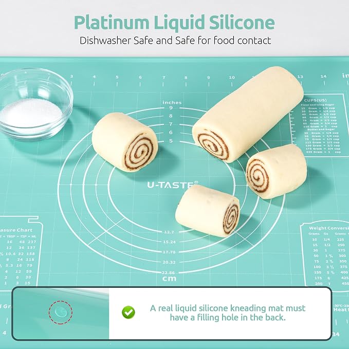 U-Taste 18/8 Stainless Steel 16 inch Adjustable Rolling Pin with Silicone Removable Thickness Rings, and 20inx16in Large Silicone Pastry Mat Food-Grade Non-Stick Dough Rolling Mat (Aqua Sky+Transparen