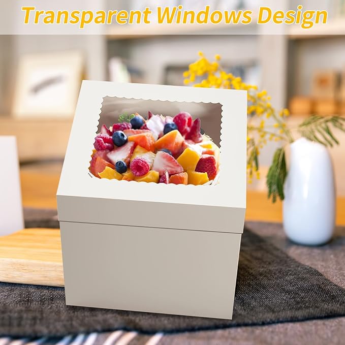 WINKIO 4 Pack Cake Boxes, Disposable Cake Transport Container, White Bakery Boxes with Large Window, for Cookies Pies Cupcakes Pastry (10×10×10 inches)