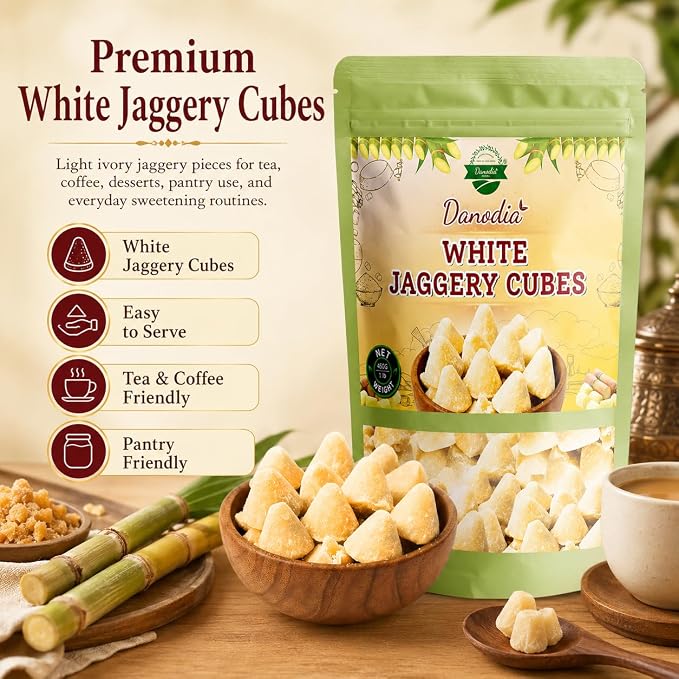 Danodia Foods Organic White Jaggery Cubes, Cane Gur Sweetener, 1 lb Pack | Jaggery gur pieces for chai, coffee, desserts and cooking; Gluten-Free, Vegan; traditional Indian cane sweetener; pantry use