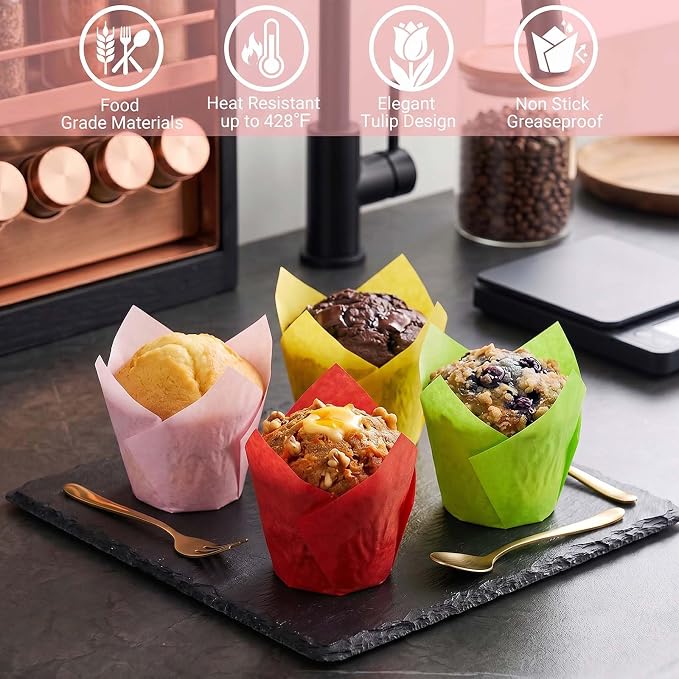 200 Pcs Tulip Cupcake Liners for Baking, Yellow Pink Red Green | Standard Greaseproof Tulip Muffin Liners for Baking, 3oz Paper Cupcake Wrappers for Party Wedding Birthday